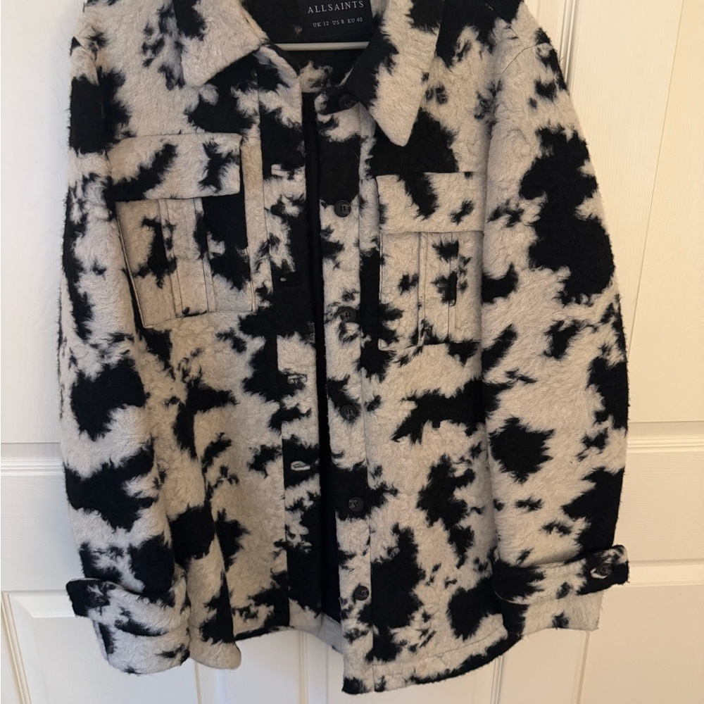 AllSaints Black and Cream Cow Print Patterned Jacket